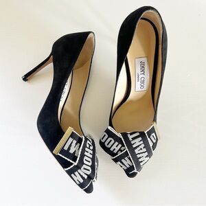 Jimmy Choo Tegan Black Suede Logo I Want Choo Bow Heels EU 37